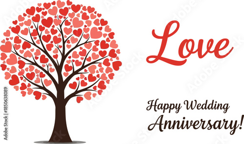 Heart tree with love text for wedding anniversary on a white background