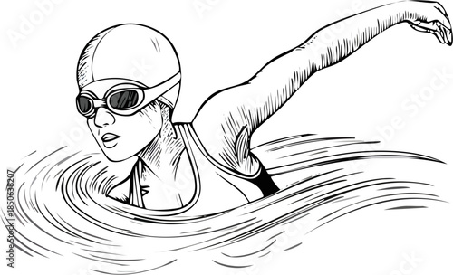 Hand drawn vector line art illustration of a person swimming freestyle