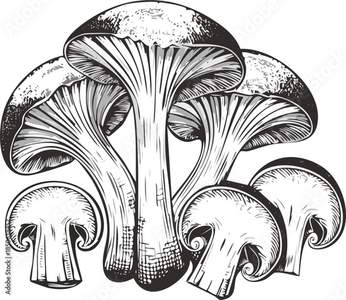 Hand drawn vector engraving illustration of assorted mushrooms, gourmet vegetable food object