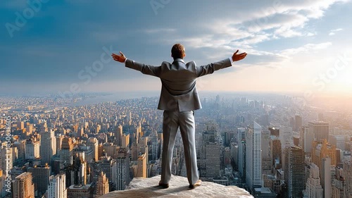 Conquer the World: A confident individual stands triumphantly atop a peak, overlooking a bustling city, representing ambition and drive. Embrace the thrill of leadership and success.