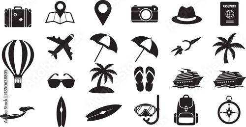 Black travel icons for vacation and adventure planning