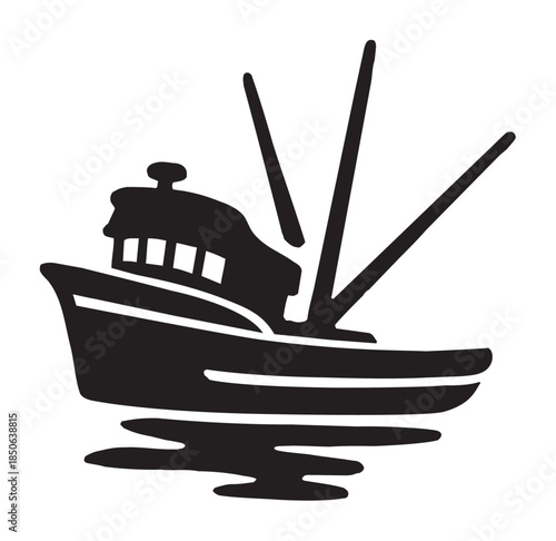 Sturdy Commercial Fishing Boat, Trawler Vessel Floating on Water, Industrial Marine Transport on an Isolated White Background