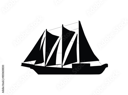 Traditional Schooner with Three Sails, Classic Small Sailing Boat, Calm Marine Transport on an Isolated White Background