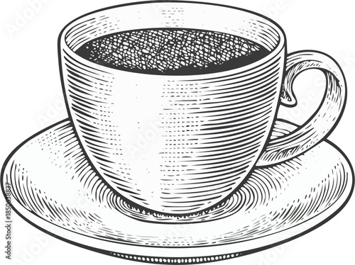Hand drawn vector engraving illustration of a coffee cup, hot drink 
