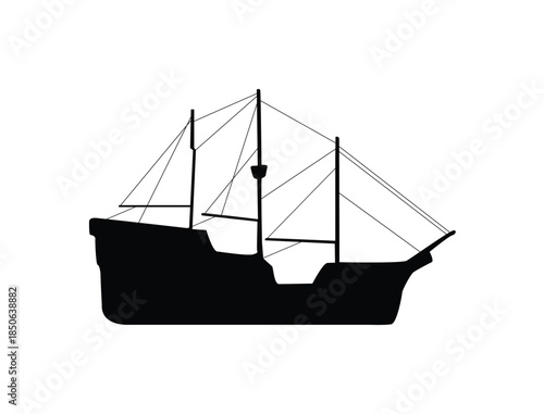 Vintage Cargo Sailing Ship Silhouette with Masts and Hull Design on Isolated White Background