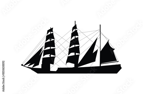 Historical Clipper Ship Silhouette with Numerous Sails and Rigging on Isolated White Background