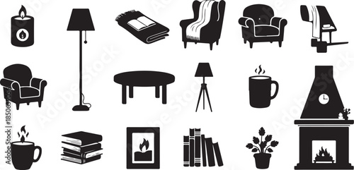 Cozy home interior elements in black silhouette
