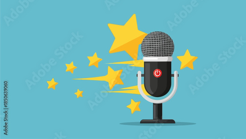 A sleek microphone surrounded by vibrant stars on a bright blue background, f4274429-0446-47b1-982e-94acadc92102.ai, capturing the essence of creativity and sound