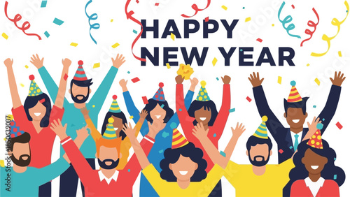 Celebratory gathering of diverse people raising hands in joy with confetti and festive decorations during New Year celebration