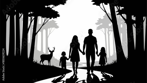 Family walking together in a forest with a deer.