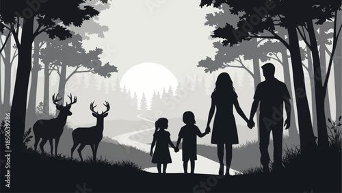 Family Walking Together in a Forest with Deer.