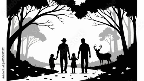 Family walking in forest with deer silhouette.
