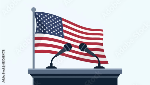 Political Event at the Podium with American Flag and Microphones