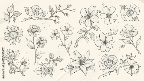Collection of Delicate Botanical Line Drawings of Various Flowers and Leaves.