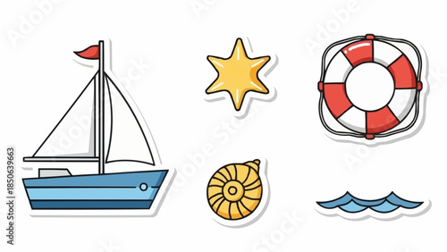 Nautical elements including a sailboat, life preserver, starfish, seashell, and waves.