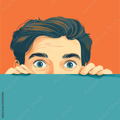Curious person peeking over border , vector style simple color