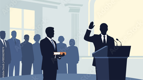 Man giving a speech at a formal event in a government building with officials standing behind him