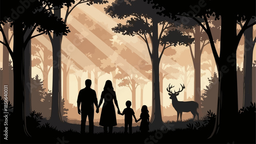 Family and Deer in a Magical Forest Setting.