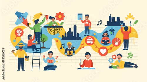 Diverse community members engaging in various hobbies and activities together in a vibrant, illustrated scene