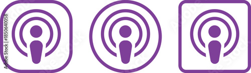 Apple Podcast App Icon in Gradient Purple. Flat logo options for audio streaming, mobile interface, and media branding design. digital editorial social media icon vector. A collection of podcast icons
