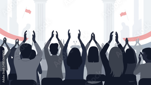 Crowd of People Raising Hands in a Public Event Venue with Flags and Columns