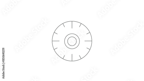 Simple black and white line art drawing of a circular object resembling a gear or stylized sun icon