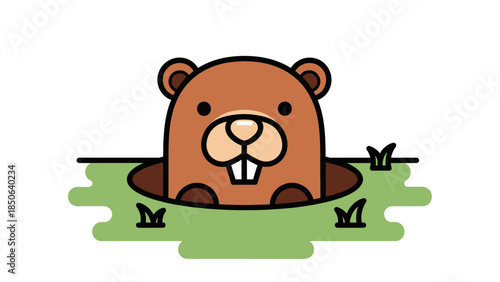 A cartoon beaver emerging from a burrow surrounded by vegetation