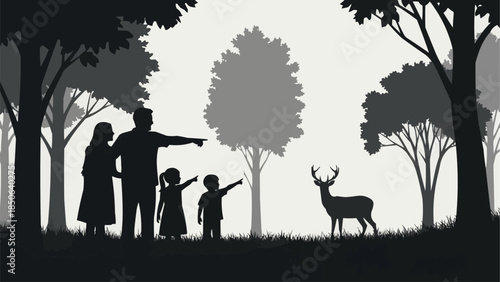 Family observing a deer in a forest silhouette scene.