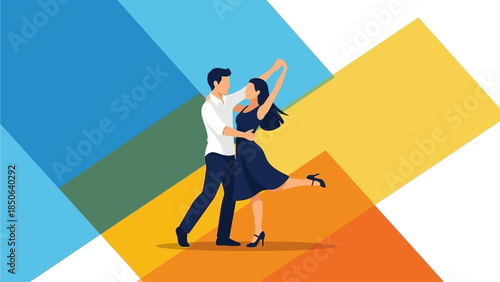 Couple Dancing Elegantly Against Vibrant Geometric Backgrounds in 284d60bb Style Illustrations