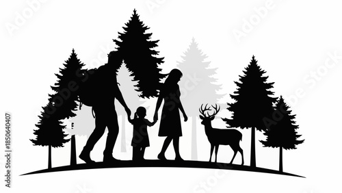 Family walking in forest with deer silhouette.