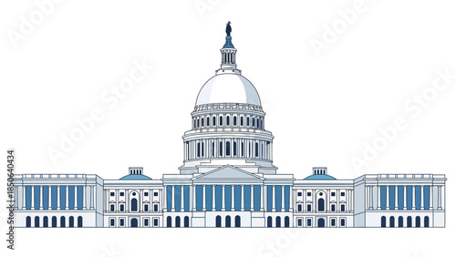 The United States Capitol building illustration viewed from the front with a prominent central dome and columns