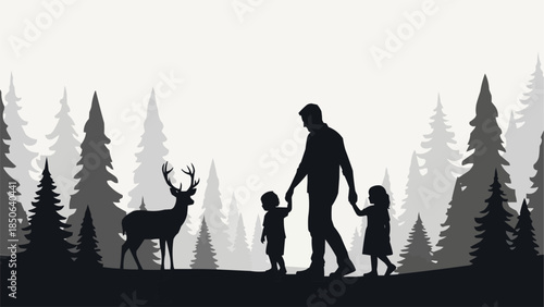 Father and two children walking with a deer in a forest silhouette.