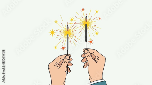 Hands holding sparklers in a celebratory gesture on a white background
