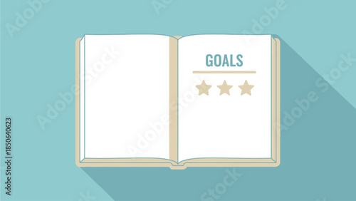 An open book with the word GOALS and three stars on the right page, on a blue background with a shadow