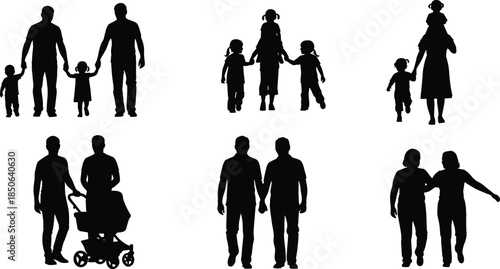 Family silhouettes, diverse parenting styles, inclusive family icons, children with parents, black silhouettes, caregiving figures, modern family representation, unity, love