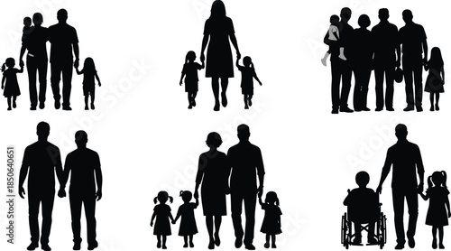 Inclusive family silhouettes, diverse parents and children, walking together, wheelchair support, LGBTQ couples, modern family icons, community unity, love