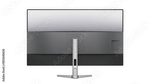 computer monitor from behind with silver stand and base