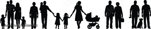 Family silhouettes, single parents, elderly couple, pet owner, stroller scene, diverse family icons, community unity, walking figures, inclusion, love
