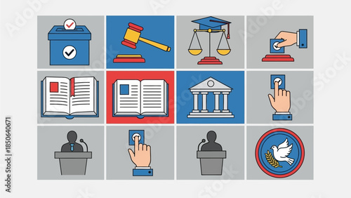 Voting Process Illustrated with Various Icons Representing Democracy and Decision Making