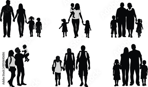 Family silhouettes, backpack parents, walking children, diverse family icons, elderly figures, inclusion, community unity, love, support, relationships, care