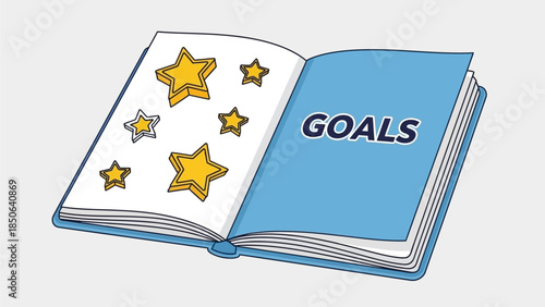An open book with the word GOALS on the right page and stars on the left page, symbolizing achievement and success