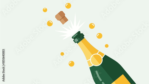 Celebration champagne bottle bursting with cork and bubbles illustration in vector graphic style