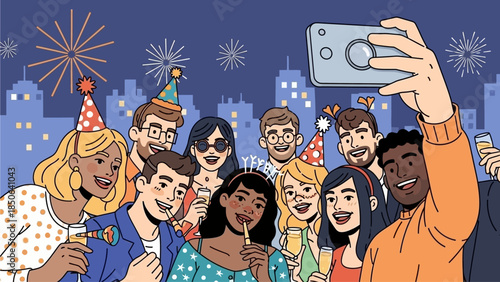 Group of friends taking selfie at night cityscape party with fireworks and celebration atmosphere