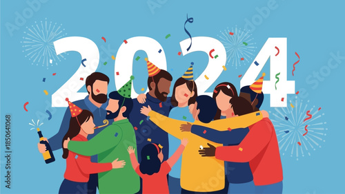 Vibrant Gathering of People Celebrating New Year 2024 with Confetti and Drinks