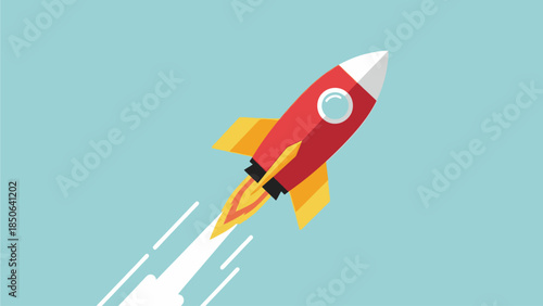 Red rocket soaring through the sky with vibrant flames and a trail of smoke behind it