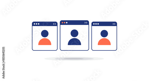 online team collaboration concept with three user profile icons in browser windows minimal flat illustration for remote work platforms