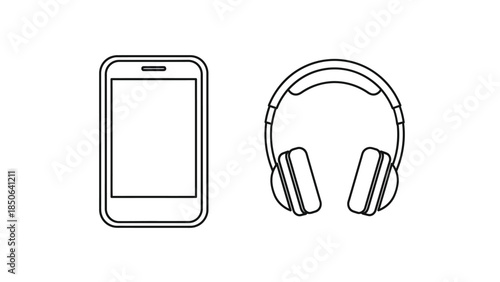 Simple outline vector graphic of a smartphone paired with a set of over ear headphones for music listening or calls