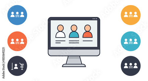 online team management dashboard on computer monitor with employee profiles and user icons illustrating remote hr collaboration and staffing