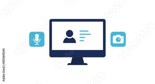 online webinar interface icon on computer monitor with user profile microphone and camera symbols illustrating virtual communication tools
