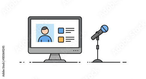 online webinar presentation with speaker profile on computer monitor and microphone on stand flat vector illustration for webcast design